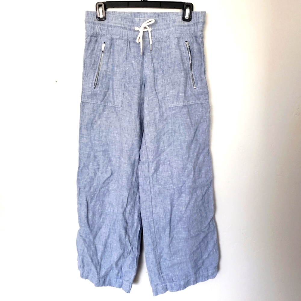Athleta Cabo Linen Wide Leg Pant Women's 2P 2 Blue Drawstring Waist Zipper Pants